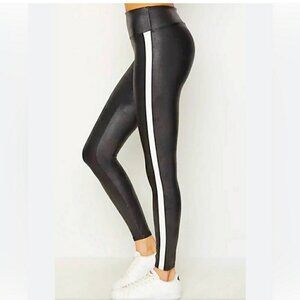 Spanx Black Faux Leather Leggings White Side Stripe SIZE MEDIUM
